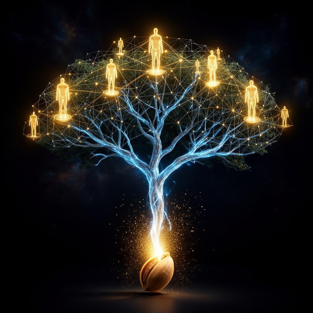 A glowing seed growing into a luminous tree whose branches form a network of entrepreneurs