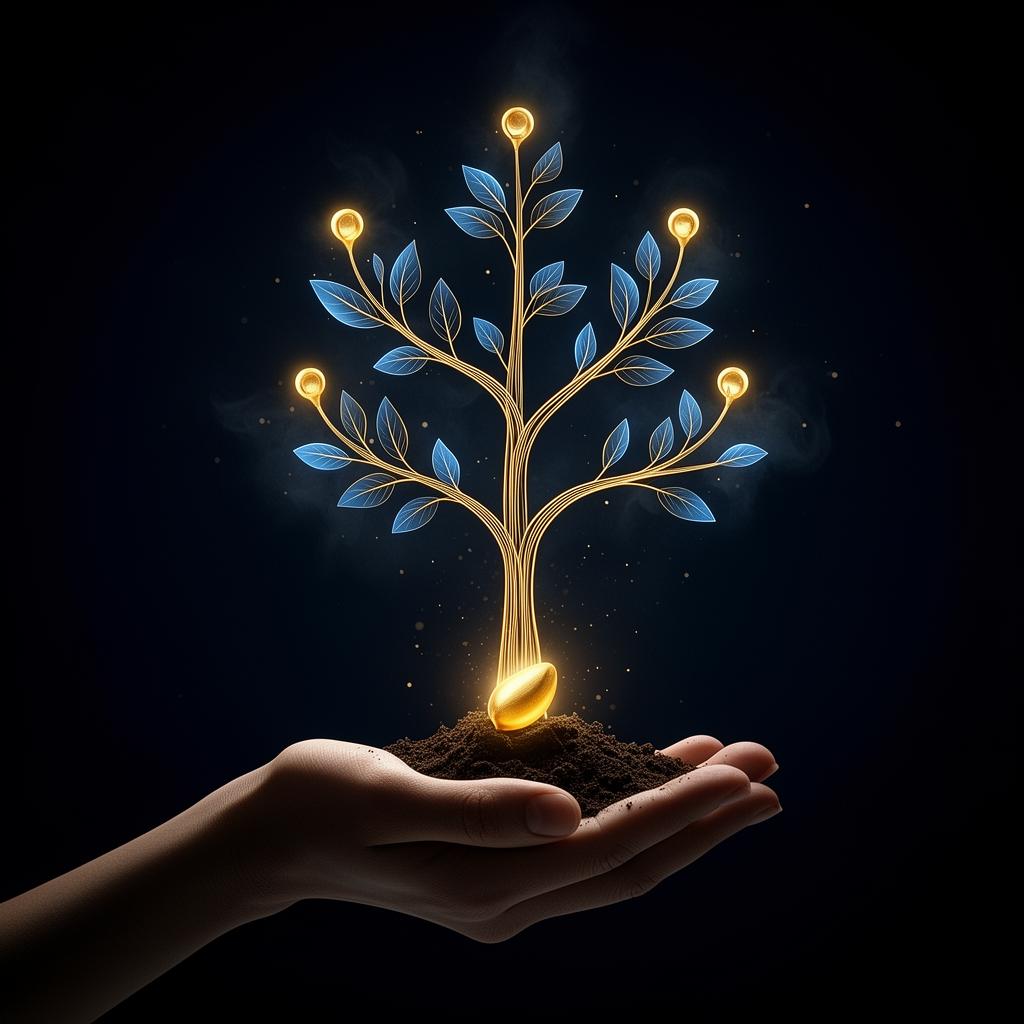 A hand planting a glowing seed that grows into a tree with five branches representing the five levels of community growth